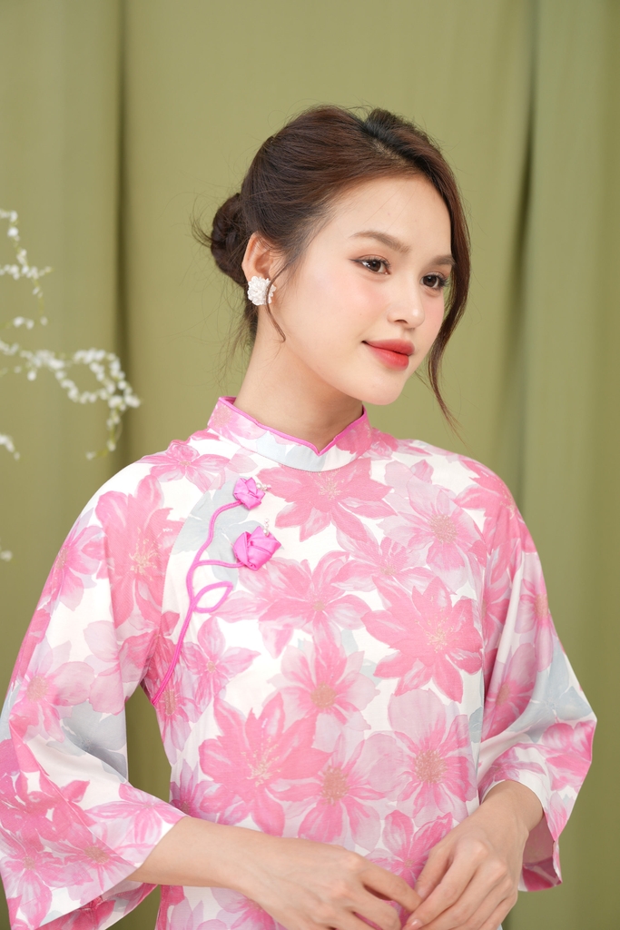 Áo Dài Khả Ngân Chất Liệu Lụa Dày Cổ Tàu Swanlake Hồng - L12002LW01