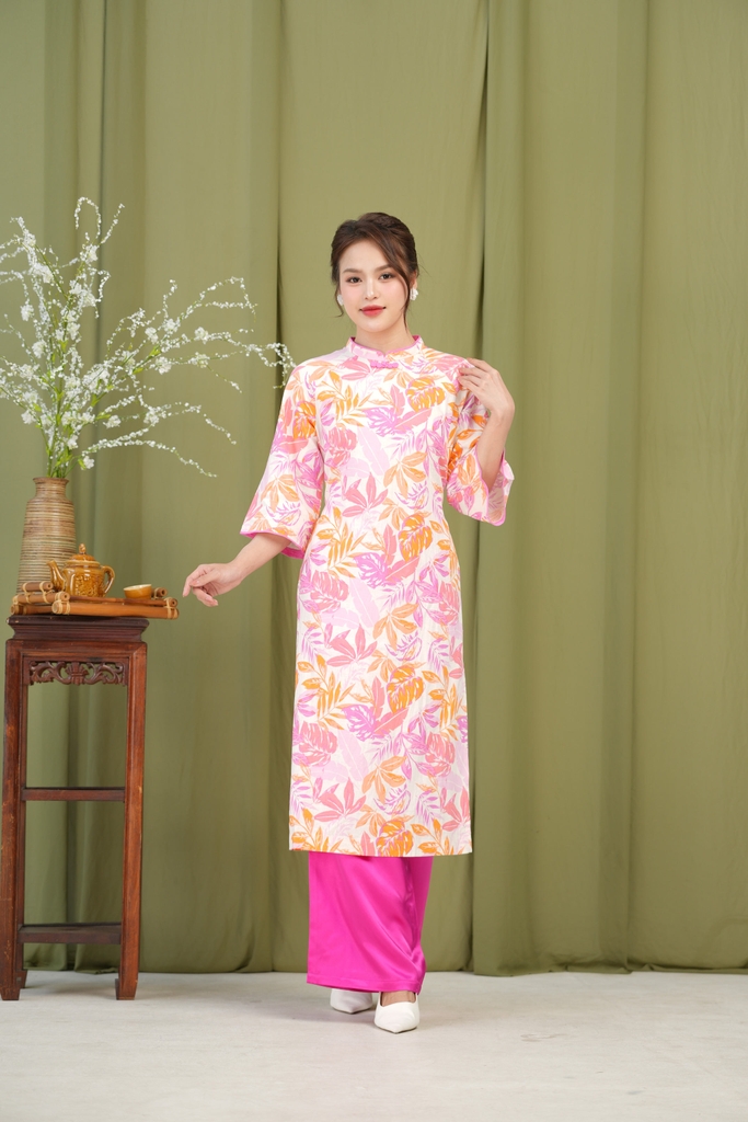 Áo Dài Kim An Hoa Lá Tay Lỡ Một Lớp Chất Liệu Linen Swanlake (Không bao gồm quần) - L12011LW01