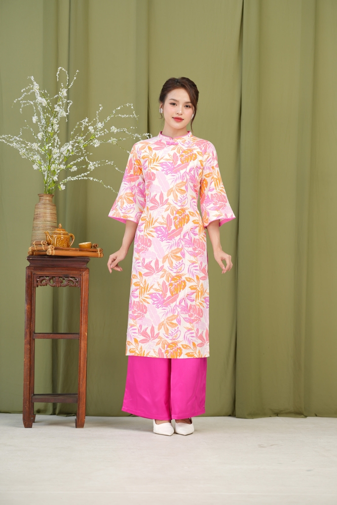 Áo Dài Kim An Hoa Lá Tay Lỡ Một Lớp Chất Liệu Linen Swanlake (Không bao gồm quần) - L12011LW01
