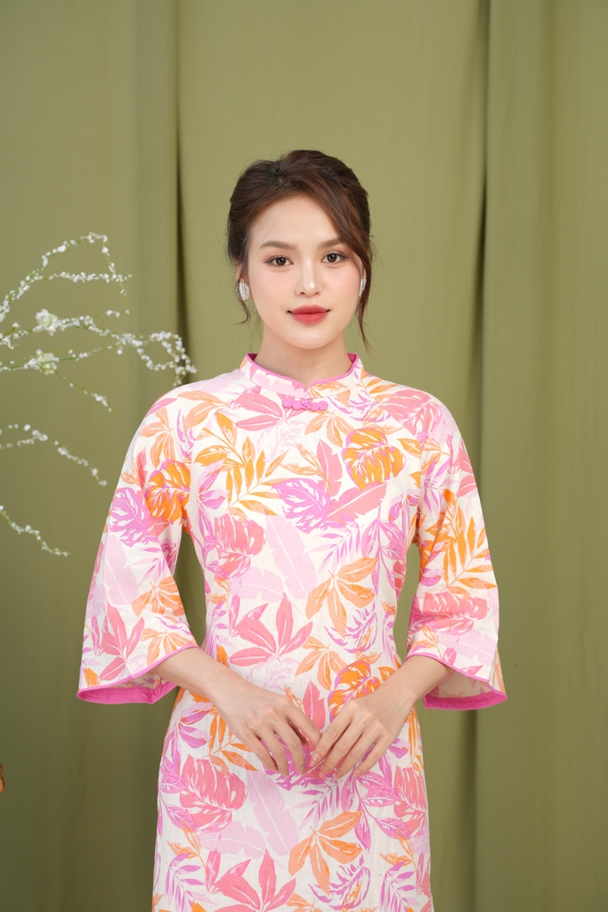 Áo Dài Kim An Hoa Lá Tay Lỡ Một Lớp Chất Liệu Linen Swanlake (Không bao gồm quần) - L12011LW01
