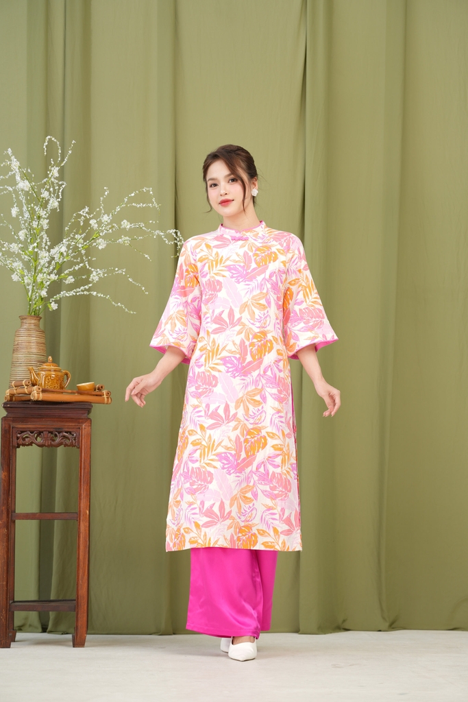 Áo Dài Kim An Hoa Lá Tay Lỡ Một Lớp Chất Liệu Linen Swanlake (Không bao gồm quần) - L12011LW01