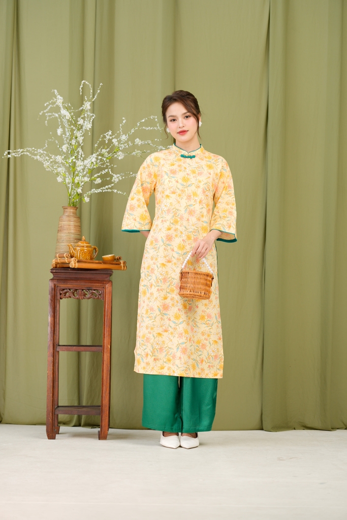 Áo Dài Kim An Hoa Lá Tay Lỡ Một Lớp Chất Liệu Linen Swanlake (Không bao gồm quần) - L12011LW01