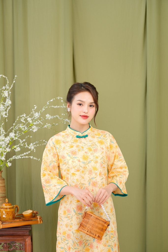 Áo Dài Kim An Hoa Lá Tay Lỡ Một Lớp Chất Liệu Linen Swanlake (Không bao gồm quần) - L12011LW01