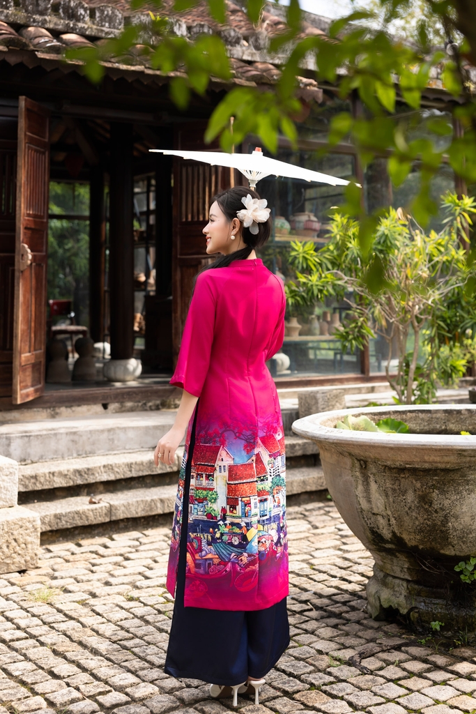 Áo Dài Yến Vân Chất Liệu Vải Lụa Dày In Swanlake Xanh - L12017LW01