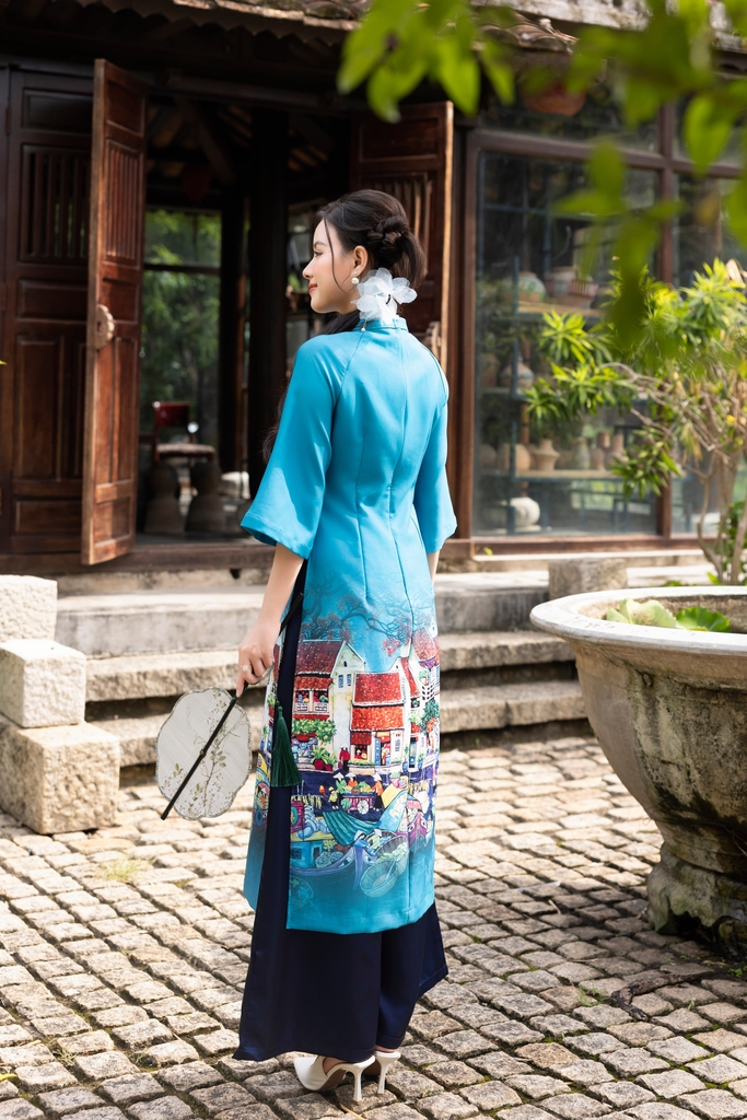 Áo Dài Yến Vân Chất Liệu Vải Lụa Dày In Swanlake Xanh - L12017LW01