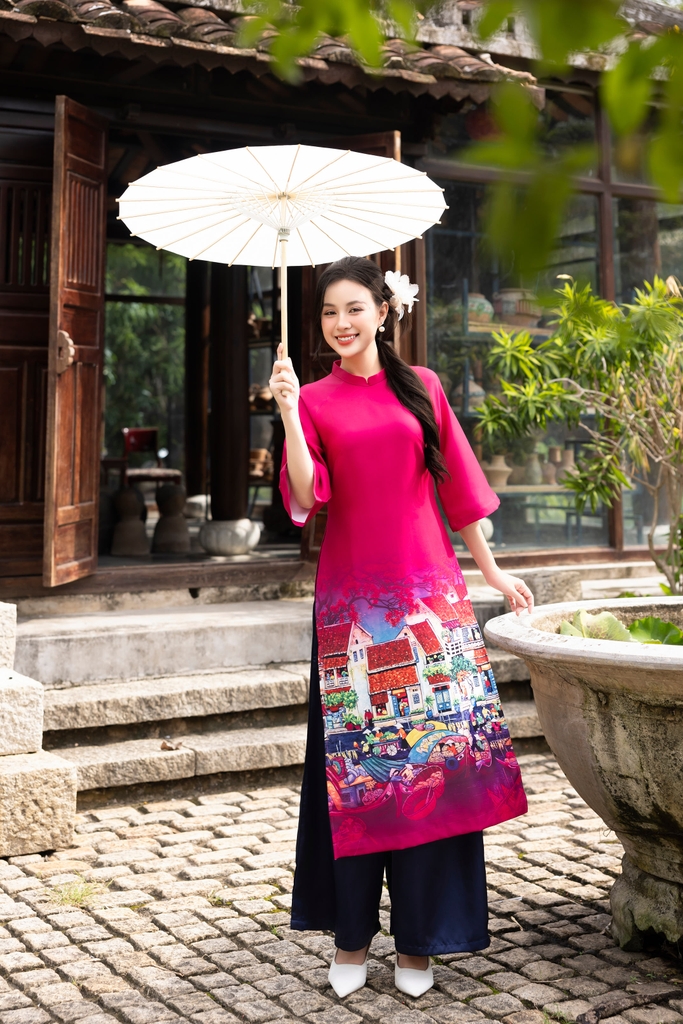 Áo Dài Yến Vân Chất Liệu Vải Lụa Dày In Swanlake Xanh - L12017LW01