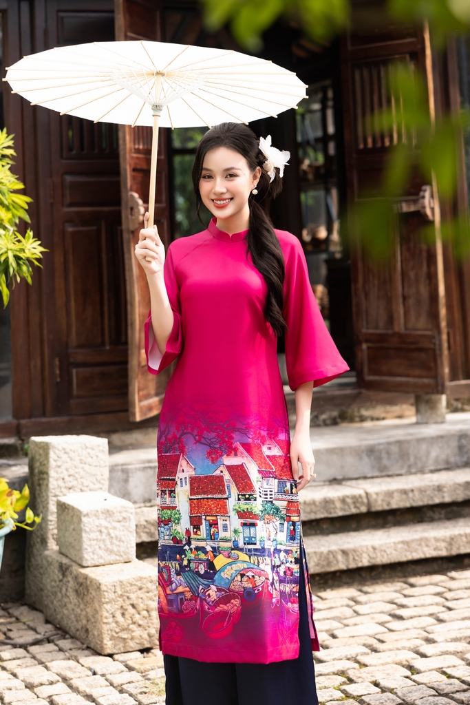 Áo Dài Yến Vân Chất Liệu Vải Lụa Dày In Swanlake Xanh - L12017LW01