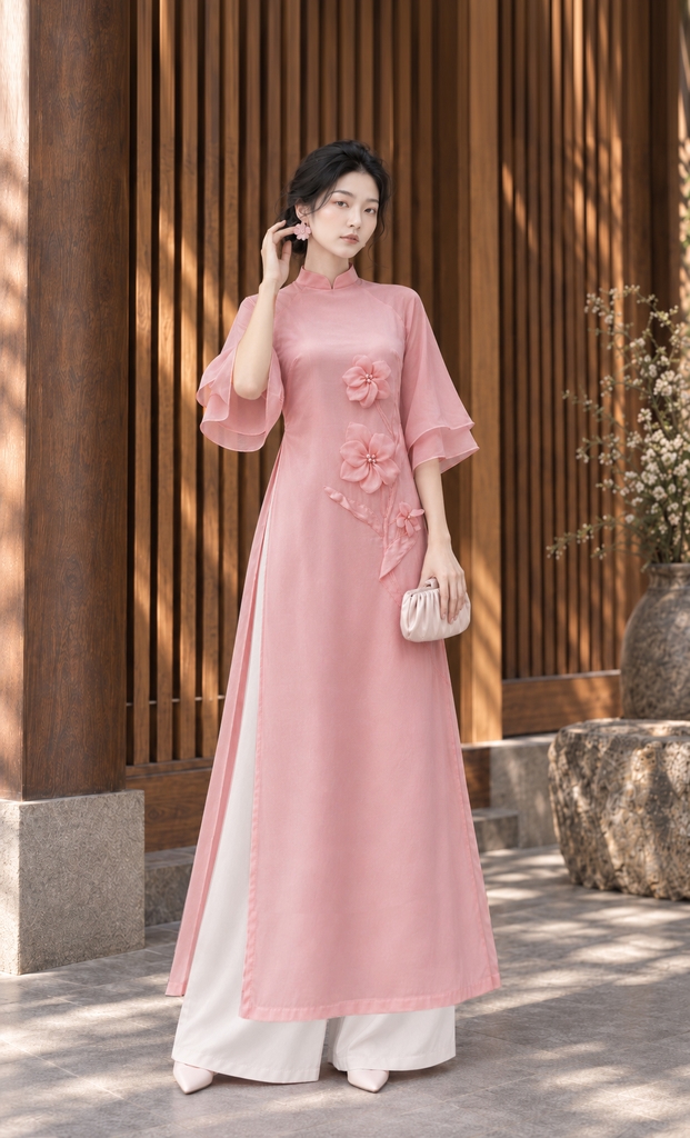 Áo Dài Cách Tân Vải Tơ Ánh Kim Đính Hoa 3D L13982LW01