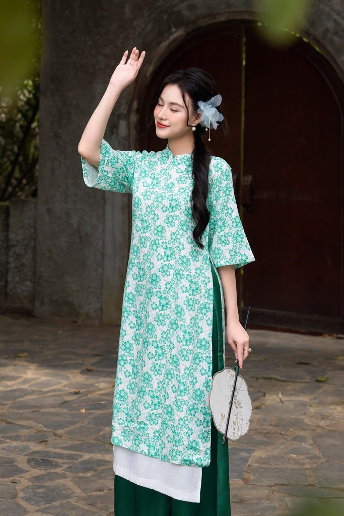 Áo Dài Đào Viên Hai Lớp Chất Liệu Linen Lót Lụa Hàn Swanlake Xanh - L09603LW08