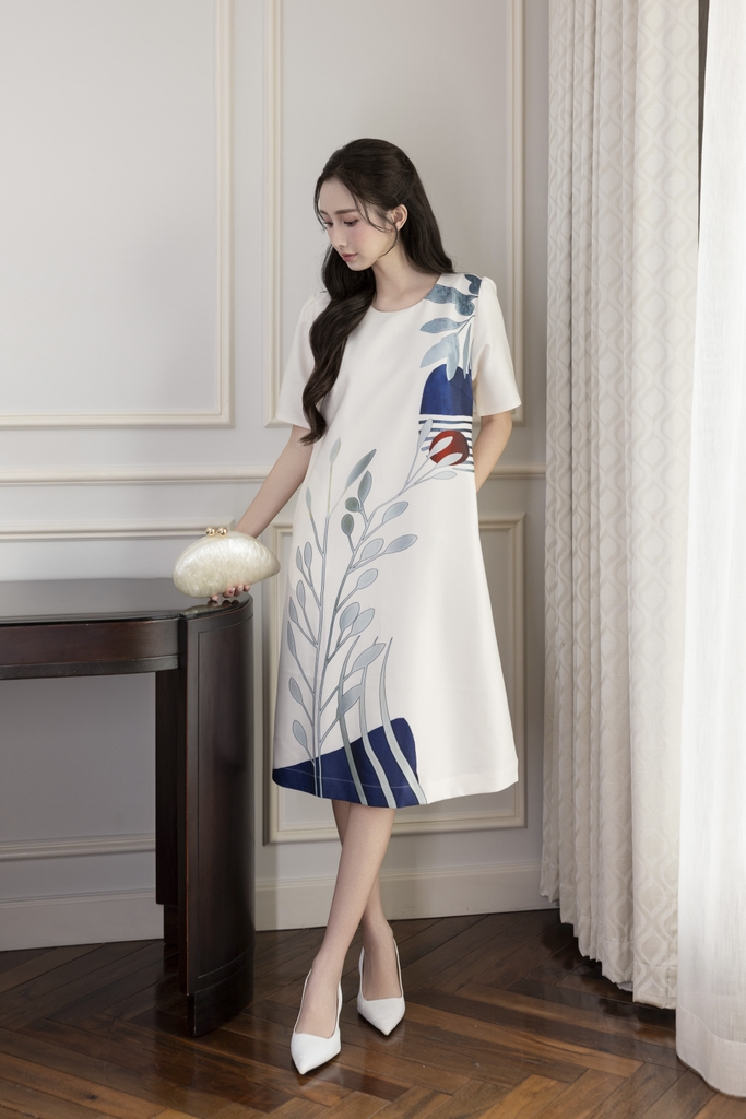 Váy Đầm Nữ Phom A Cổ Tròn Tay Ngắn Lụa Dày In Hoa Sang Trọng Đi Tiệc Công Sở D13067LW01