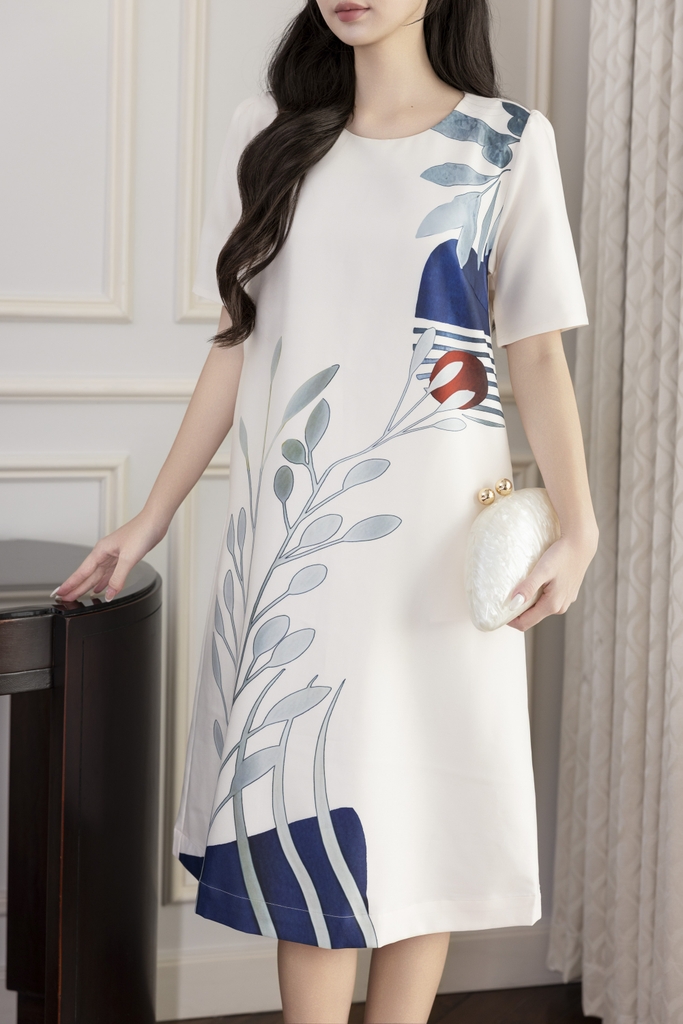 Váy Đầm Nữ Phom A Cổ Tròn Tay Ngắn Lụa Dày In Hoa Sang Trọng Đi Tiệc Công Sở D13067LW01