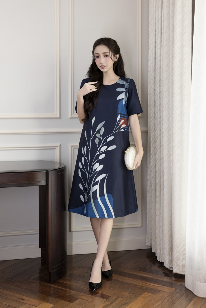 Váy Đầm Nữ Phom A Cổ Tròn Tay Ngắn Lụa Dày In Hoa Sang Trọng Đi Tiệc Công Sở D13067LW01