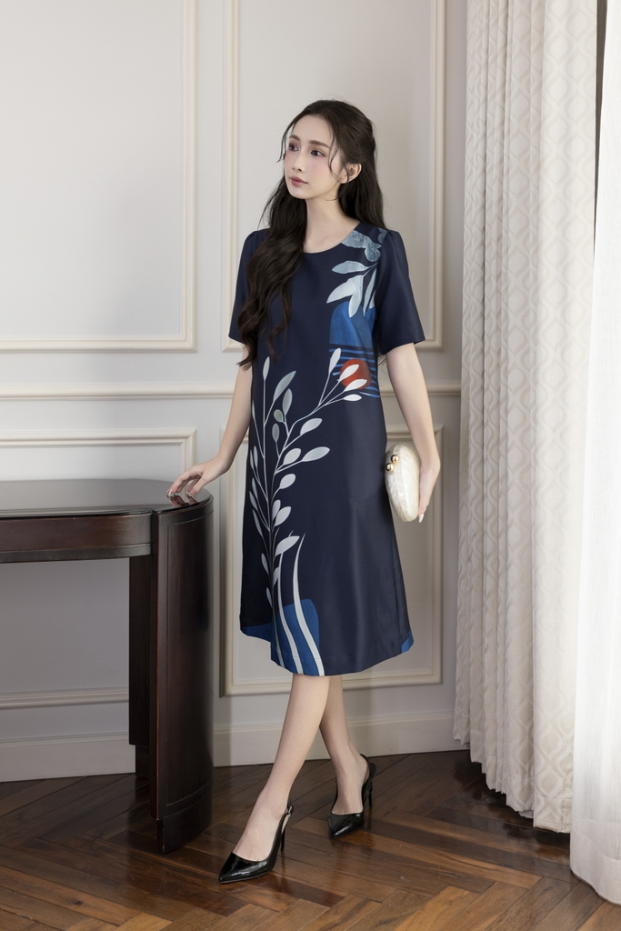 Váy Đầm Nữ Phom A Cổ Tròn Tay Ngắn Lụa Dày In Hoa Sang Trọng Đi Tiệc Công Sở D13067LW01