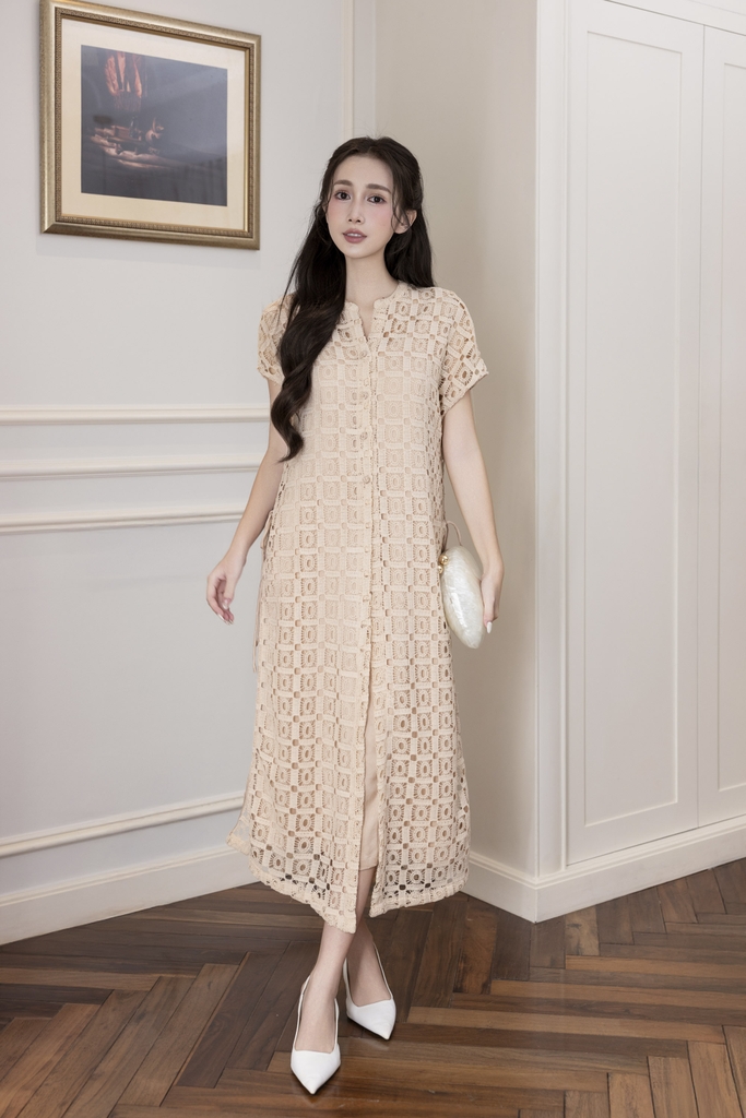 Váy Đầm Nữ Maxi Suông Sát Nách Cổ Tim Vải Ren Đính Hoa 3D Sang Trọng Đi Tiệc - D12869LW01