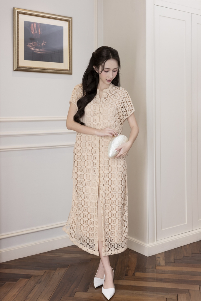 Váy Đầm Nữ Maxi Suông Sát Nách Cổ Tim Vải Ren Đính Hoa 3D Sang Trọng Đi Tiệc - D12869LW01