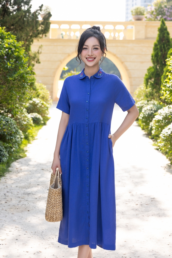 Swanlake | Đầm Sơ Mi Suông A Phom Babydoll Midi Linen Thêu D12498LW01