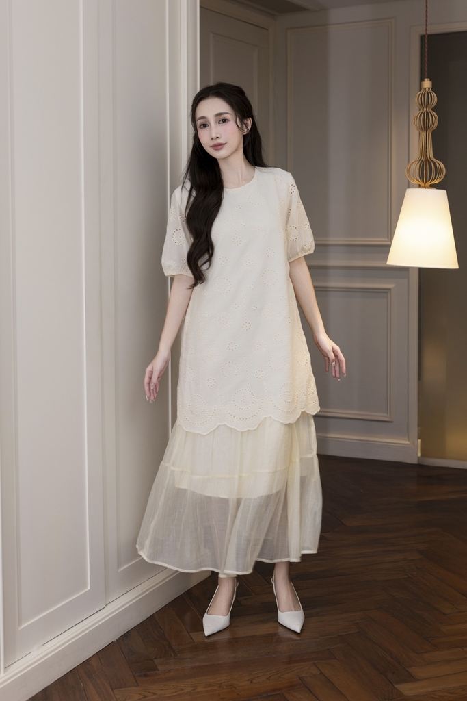 Váy Đầm Nữ Suông Maxi Xòe Tay Ngắn Cotton Thêu Hoa Tiệc Công Sở Thanh Lịch D13052LW01