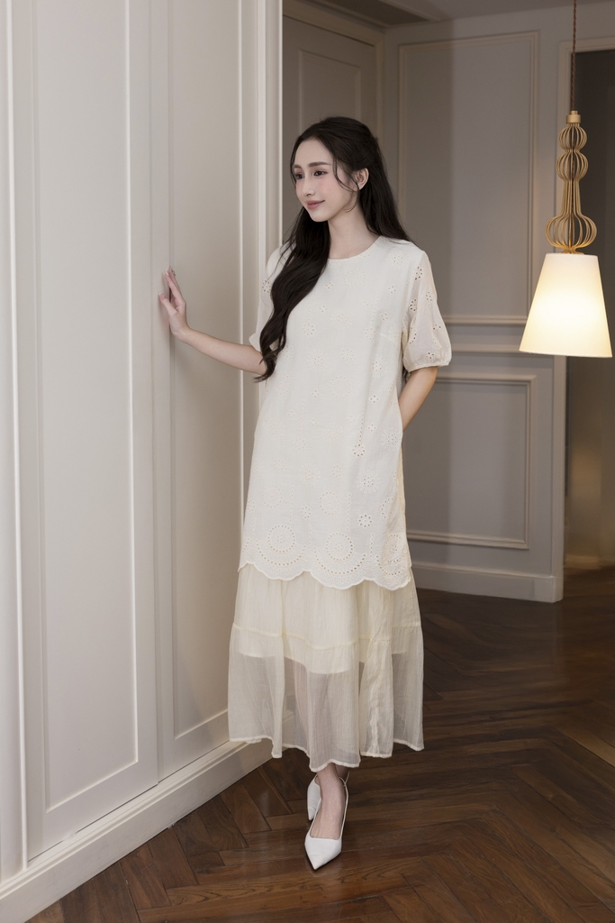 Váy Đầm Nữ Suông Maxi Xòe Tay Ngắn Cotton Thêu Hoa Tiệc Công Sở Thanh Lịch D13052LW01