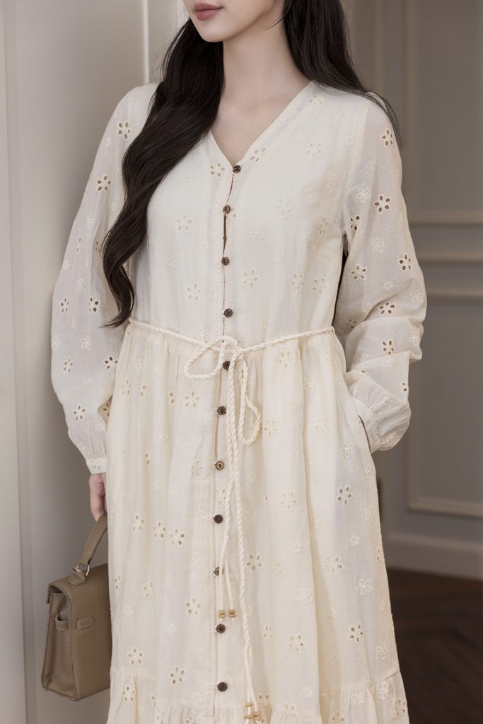 Váy Đầm Nữ Maxi Suông Đuôi Cá Xòe Cài Nút Cotton Tay Dài Dây Thắt Eo Tiệc Công Sở D13100LW01