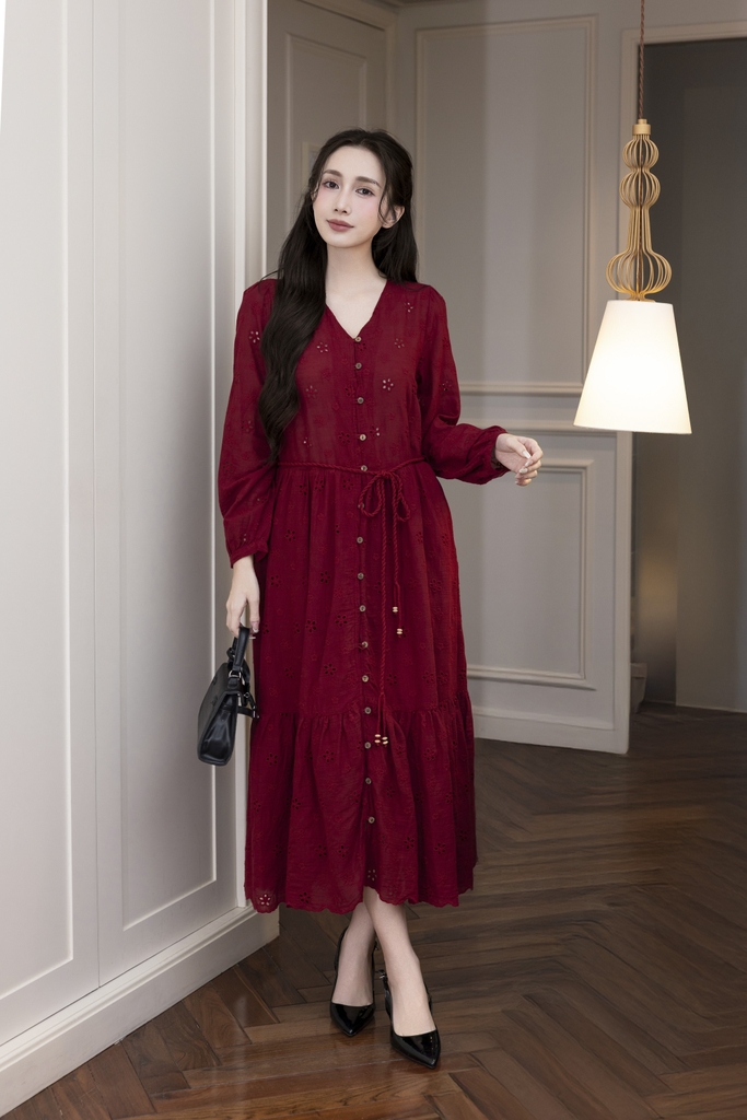 Váy Đầm Nữ Maxi Suông Đuôi Cá Xòe Cài Nút Cotton Tay Dài Dây Thắt Eo Tiệc Công Sở D13100LW01