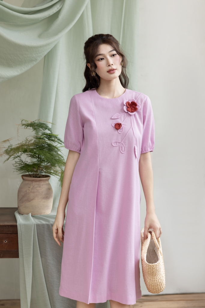 Swanlake | Váy Đầm Phom Suông Dài Qua Gối Linen Đính Hoa 3D - D12426LW01
