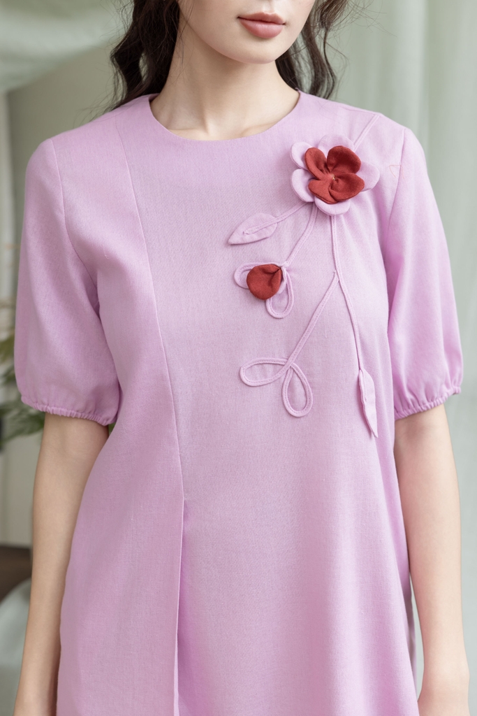 Swanlake | Váy Đầm Phom Suông Dài Qua Gối Linen Đính Hoa 3D - D12426LW01