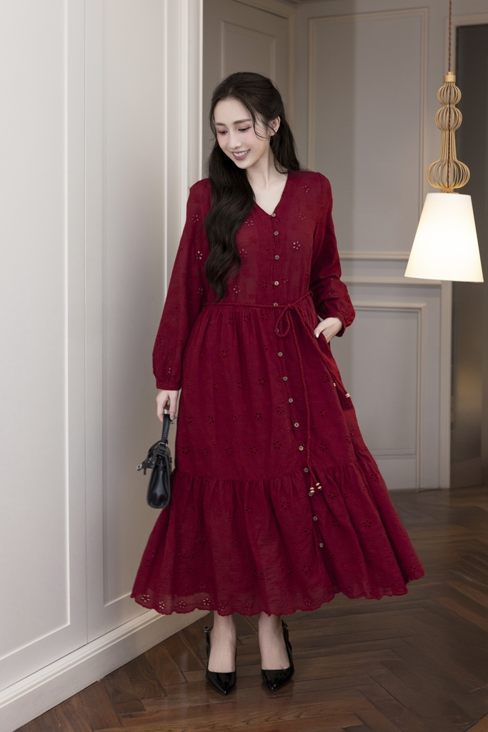 Váy Đầm Nữ Maxi Suông Đuôi Cá Xòe Cài Nút Cotton Tay Dài Dây Thắt Eo Tiệc Công Sở D13100LW01