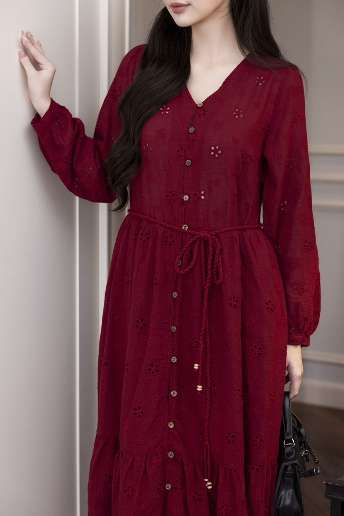 Váy Đầm Nữ Maxi Suông Đuôi Cá Xòe Cài Nút Cotton Tay Dài Dây Thắt Eo Tiệc Công Sở D13100LW01