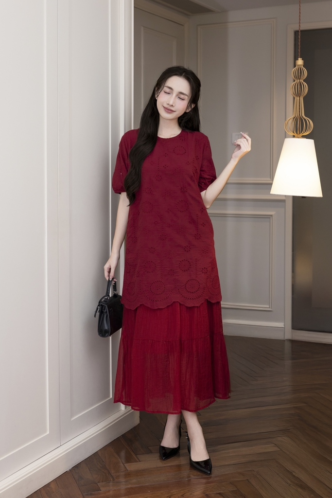 Váy Đầm Nữ Suông Maxi Xòe Tay Ngắn Cotton Thêu Hoa Tiệc Công Sở Thanh Lịch D13052LW01