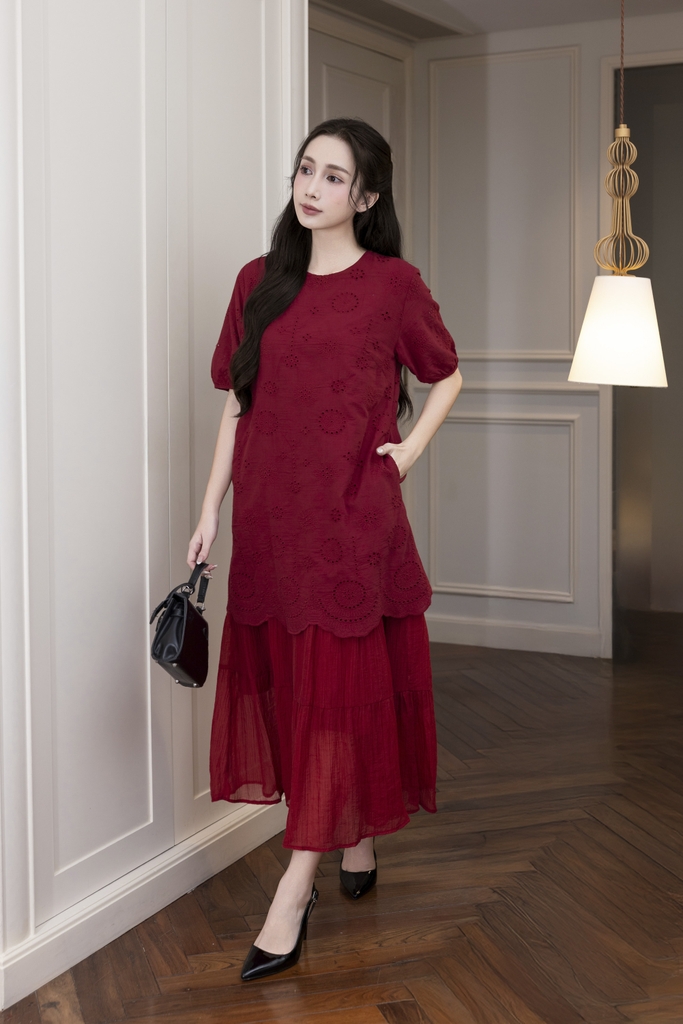 Váy Đầm Nữ Suông Maxi Xòe Tay Ngắn Cotton Thêu Hoa Tiệc Công Sở Thanh Lịch D13052LW01