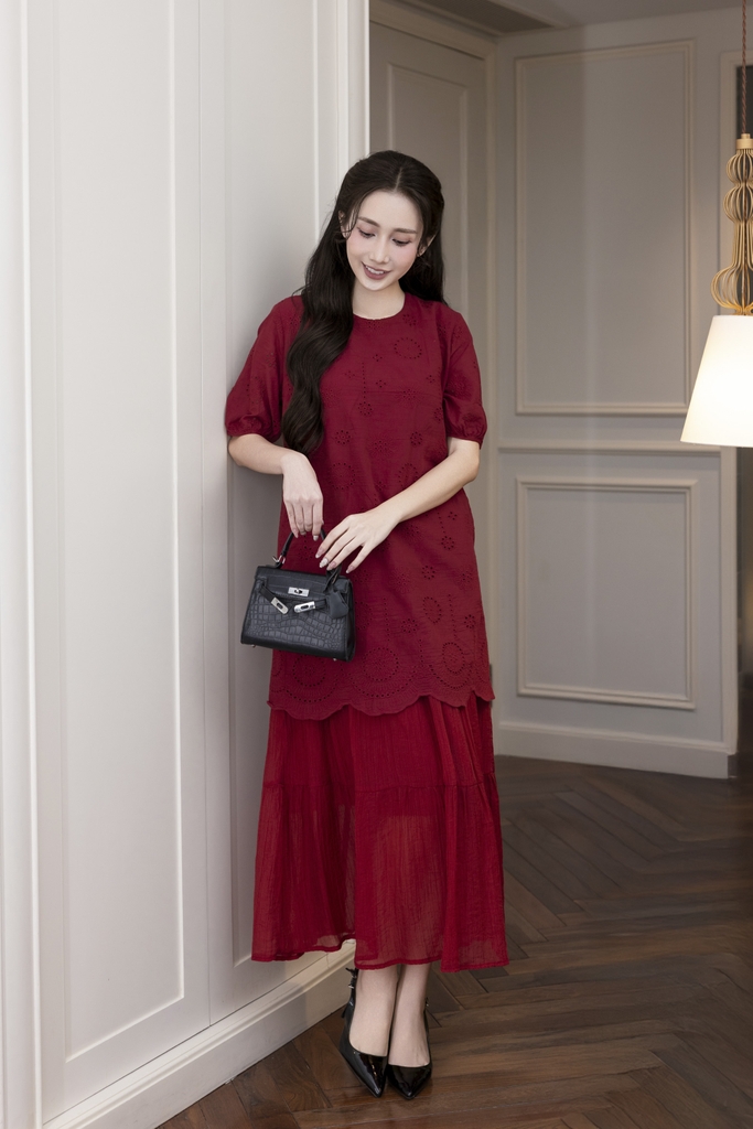 Váy Đầm Nữ Suông Maxi Xòe Tay Ngắn Cotton Thêu Hoa Tiệc Công Sở Thanh Lịch D13052LW01