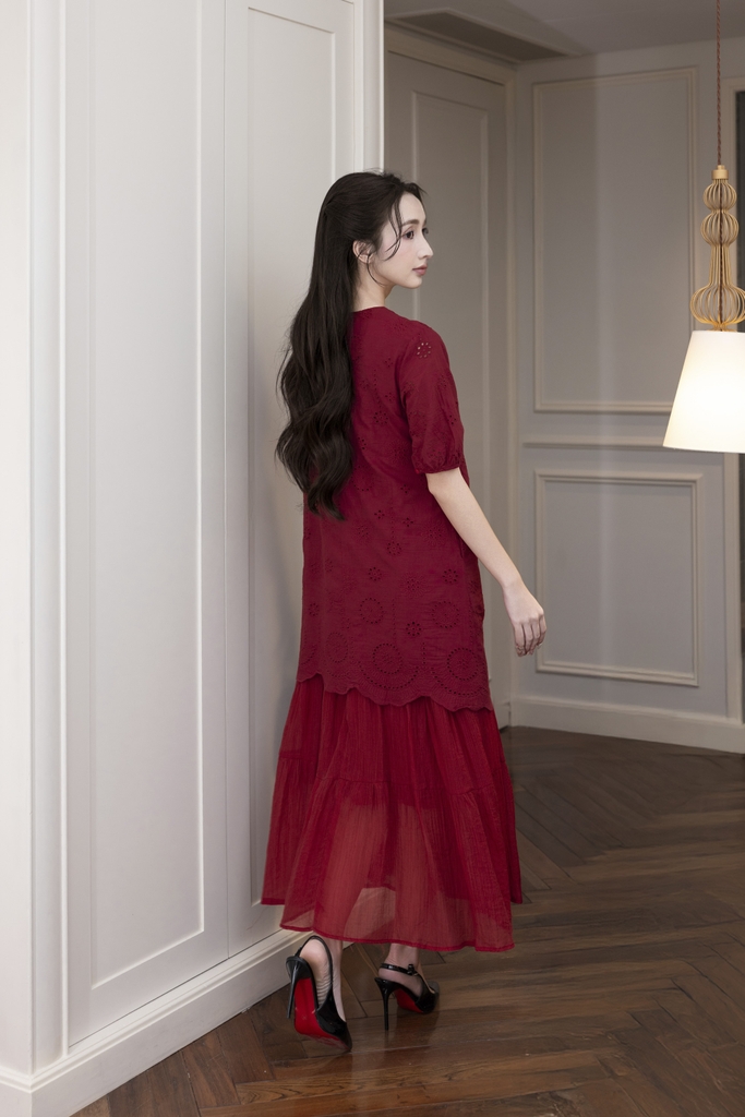 Váy Đầm Nữ Suông Maxi Xòe Tay Ngắn Cotton Thêu Hoa Tiệc Công Sở Thanh Lịch D13052LW01