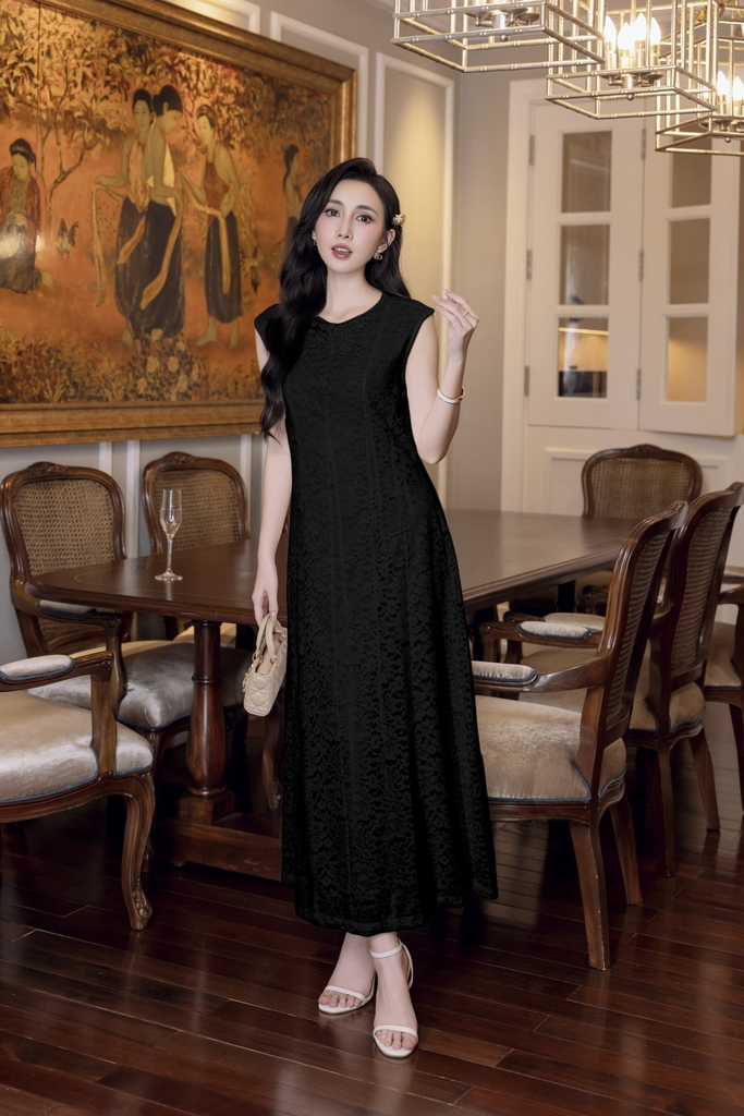 SWANLAKE | Váy Đầm Ren Nữ Suông Maxi Sát Nách Lót Thêu Hoa Dự Tiệc Công Sở Sang Trọng Cổ Tròn D12998LW01