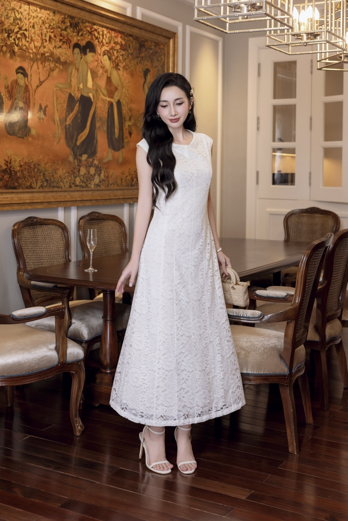 SWANLAKE | Váy Đầm Ren Nữ Suông Maxi Sát Nách Lót Thêu Hoa Dự Tiệc Công Sở Sang Trọng Cổ Tròn D12998LW01