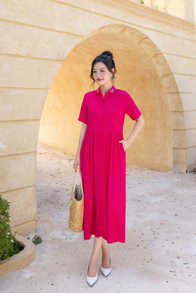 Swanlake | Đầm Sơ Mi Suông A Phom Babydoll Midi Linen Thêu D12498LW01
