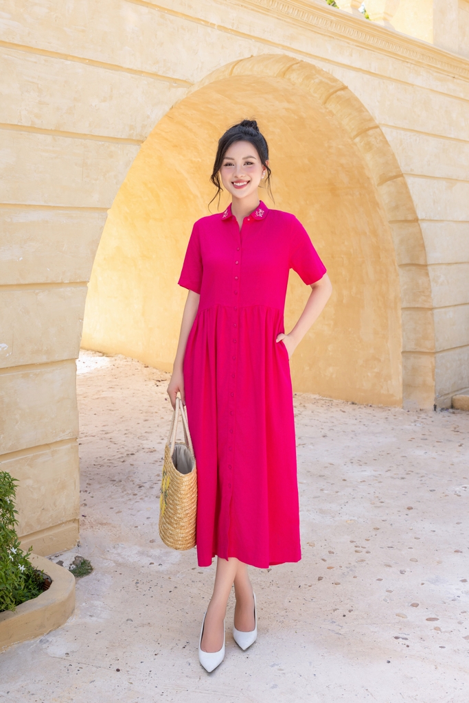 Swanlake | Đầm Sơ Mi Suông A Phom Babydoll Midi Linen Thêu D12498LW01