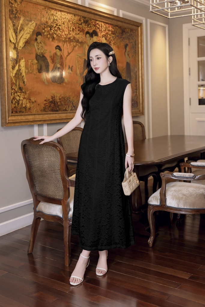 SWANLAKE | Váy Đầm Ren Nữ Suông Maxi Sát Nách Lót Thêu Hoa Dự Tiệc Công Sở Sang Trọng Cổ Tròn D12998LW01