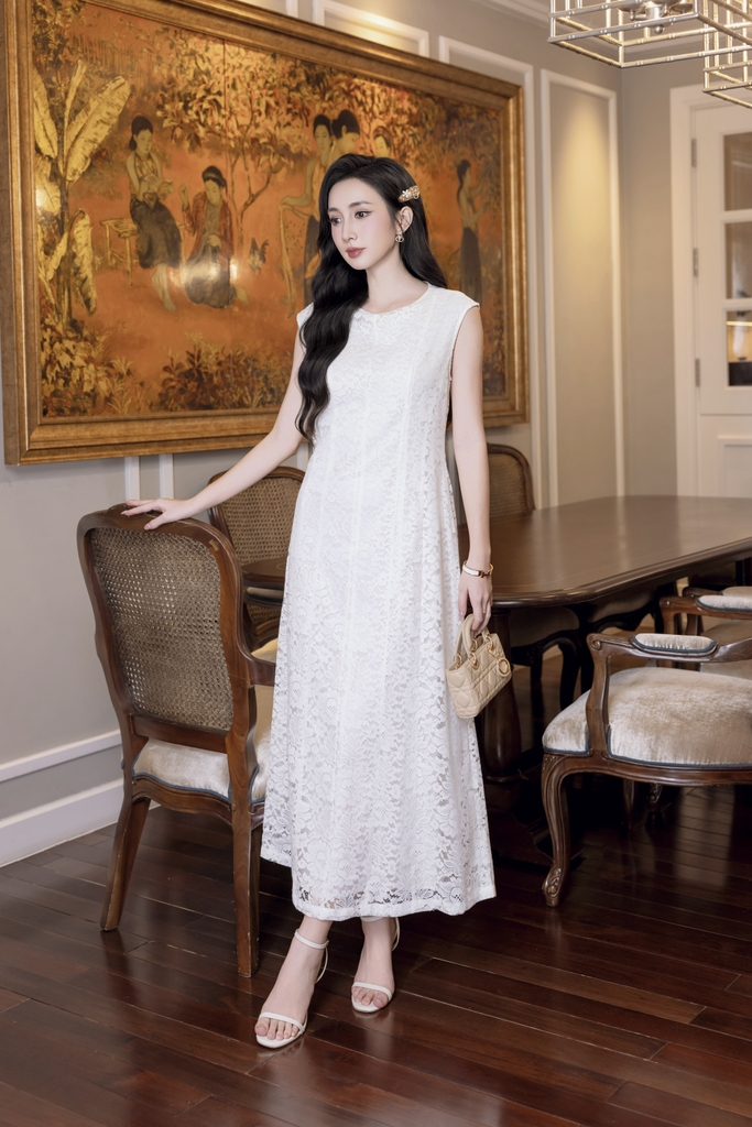 SWANLAKE | Váy Đầm Ren Nữ Suông Maxi Sát Nách Lót Thêu Hoa Dự Tiệc Công Sở Sang Trọng Cổ Tròn D12998LW01