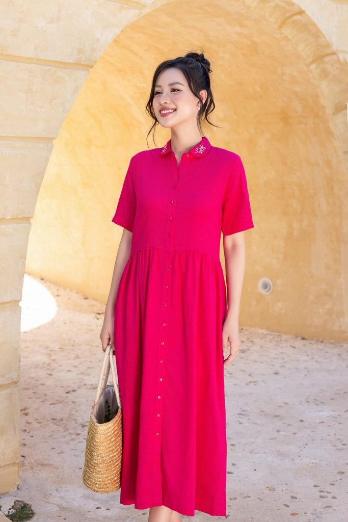 Swanlake | Đầm Sơ Mi Suông A Phom Babydoll Midi Linen Thêu D12498LW01