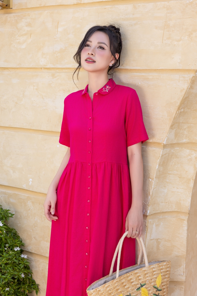 Swanlake | Đầm Sơ Mi Suông A Phom Babydoll Midi Linen Thêu D12498LW01