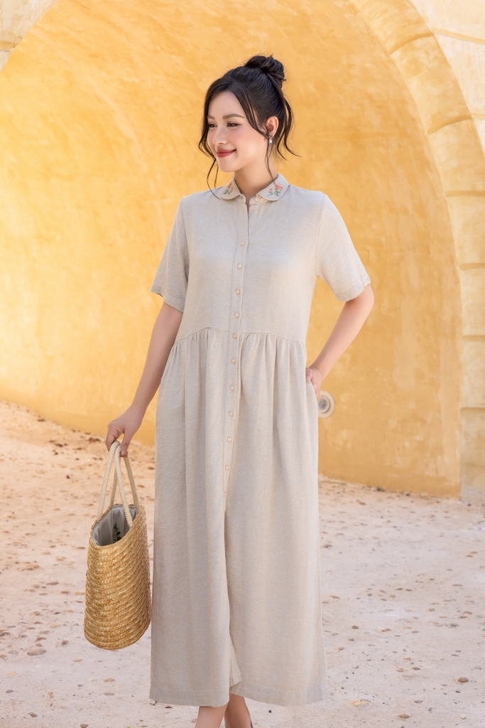 Swanlake | Đầm Sơ Mi Suông A Phom Babydoll Midi Linen Thêu D12498LW01