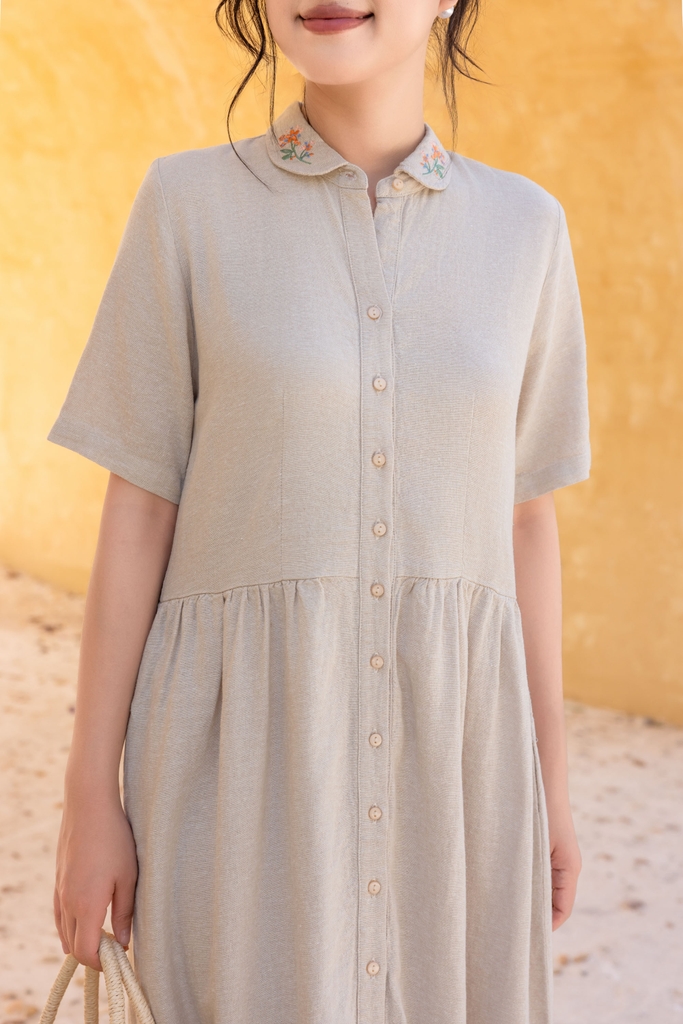 Swanlake | Đầm Sơ Mi Suông A Phom Babydoll Midi Linen Thêu D12498LW01