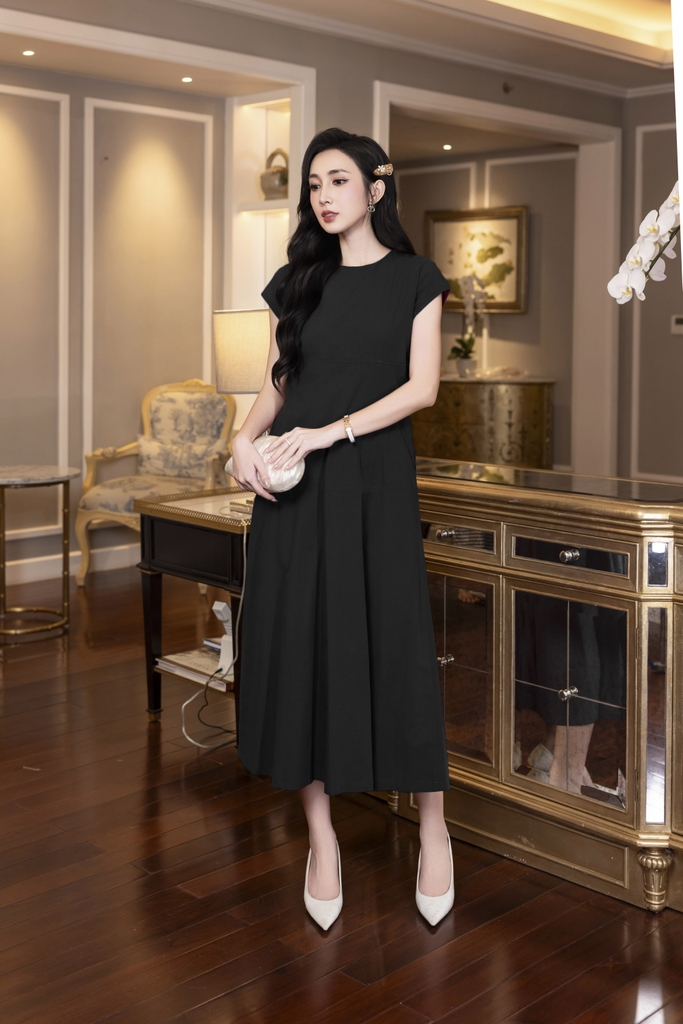 SWANLAKE | Váy Đầm Nữ Maxi Suông Trơn Đuôi Cá Xếp Ly Xòe Cotton Tay Hến Chiết Eo Tiệc Công Sở D13009LW01