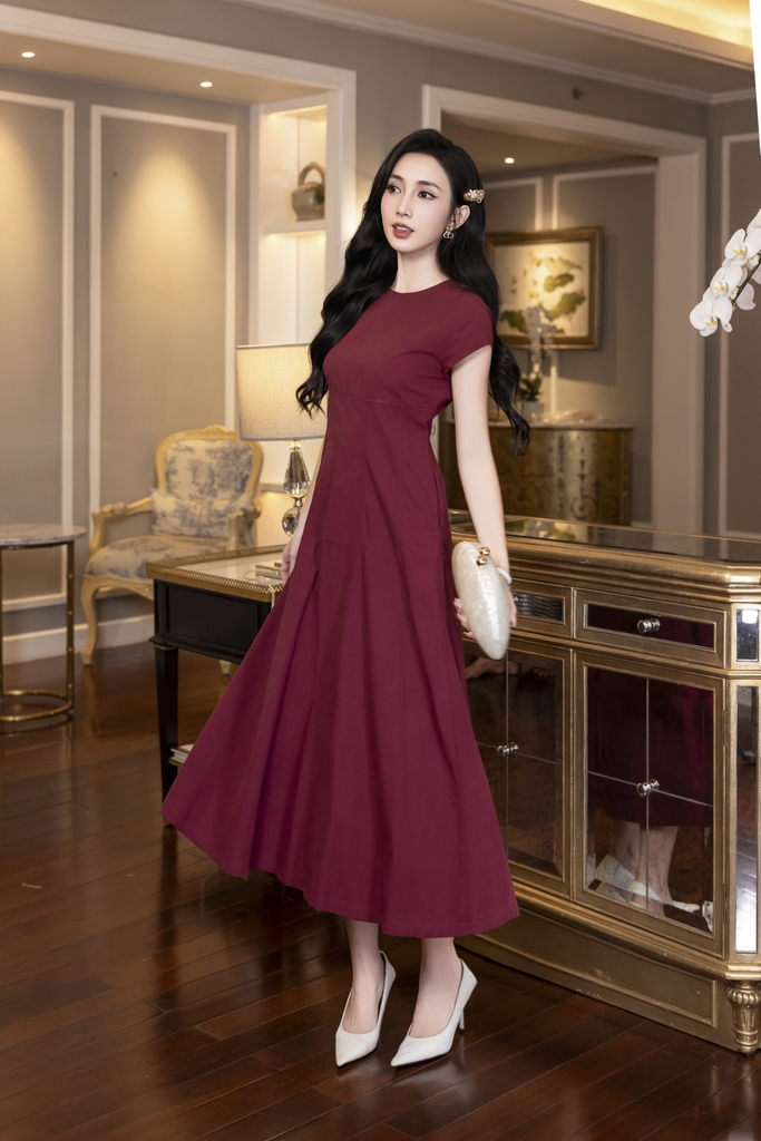 SWANLAKE | Váy Đầm Nữ Maxi Suông Trơn Đuôi Cá Xếp Ly Xòe Cotton Tay Hến Chiết Eo Tiệc Công Sở D13009LW01