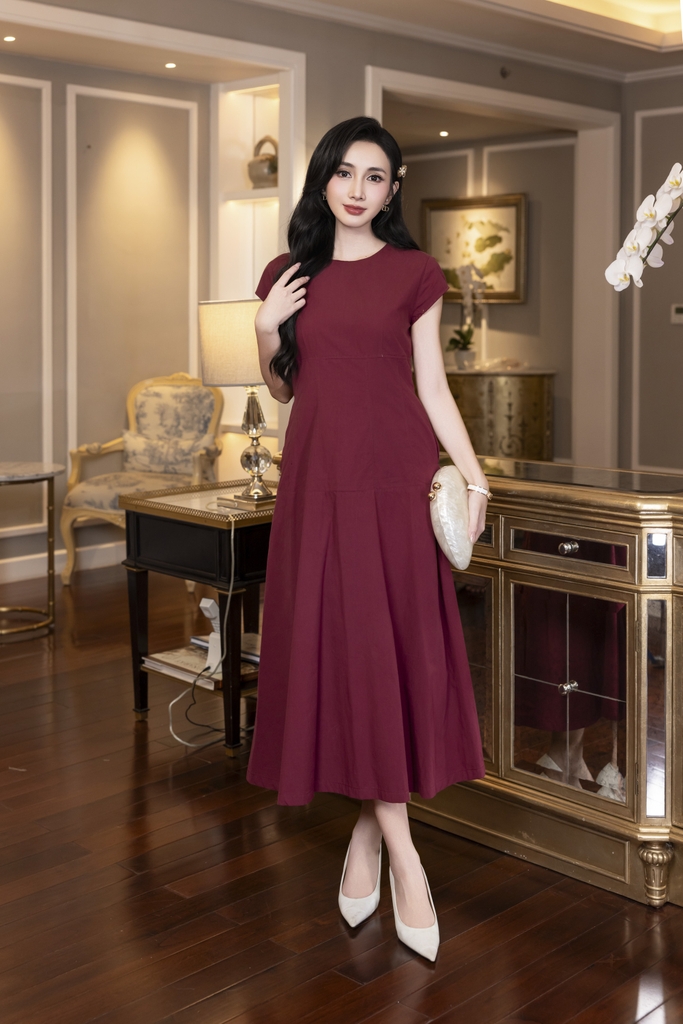 SWANLAKE | Váy Đầm Nữ Maxi Suông Trơn Đuôi Cá Xếp Ly Xòe Cotton Tay Hến Chiết Eo Tiệc Công Sở D13009LW01