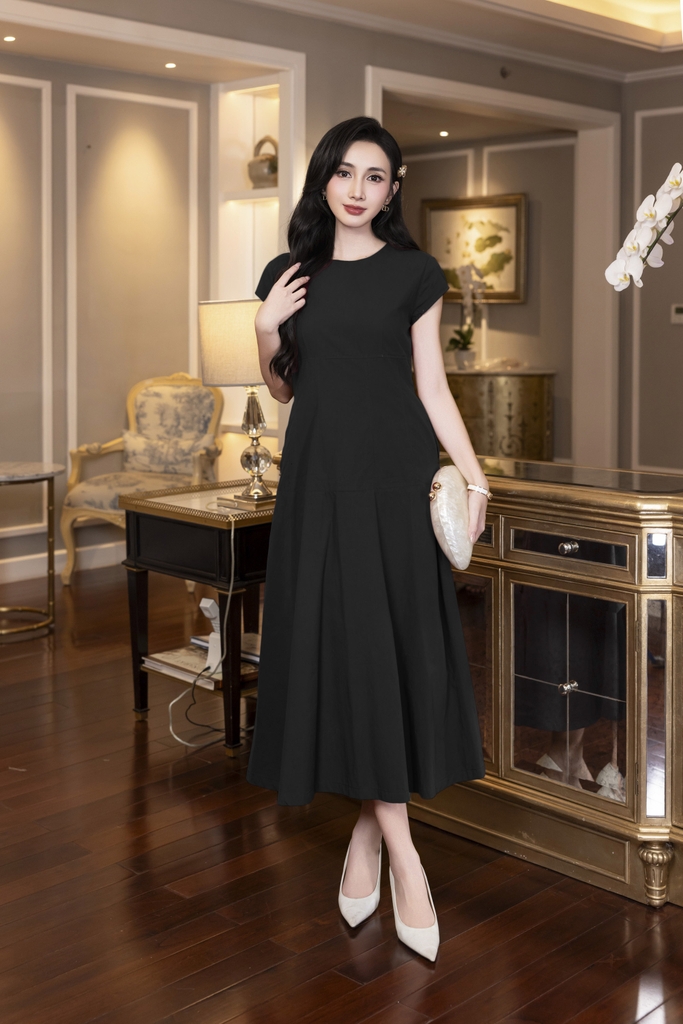 SWANLAKE | Váy Đầm Nữ Maxi Suông Trơn Đuôi Cá Xếp Ly Xòe Cotton Tay Hến Chiết Eo Tiệc Công Sở D13009LW01