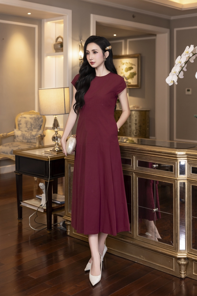 SWANLAKE | Váy Đầm Nữ Maxi Suông Trơn Đuôi Cá Xếp Ly Xòe Cotton Tay Hến Chiết Eo Tiệc Công Sở D13009LW01