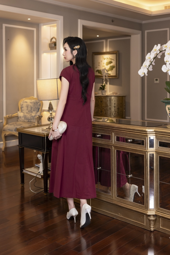 SWANLAKE | Váy Đầm Nữ Maxi Suông Trơn Đuôi Cá Xếp Ly Xòe Cotton Tay Hến Chiết Eo Tiệc Công Sở D13009LW01