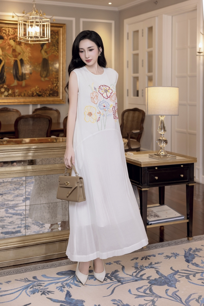 SWANLAKE | Váy Đầm Nữ Suông Maxi Xòe Sát Nách Cotton Cát Lót Thêu Hoa Tiệc Công Sở Thanh Lịch D12935LW01