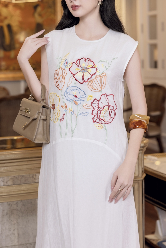 SWANLAKE | Váy Đầm Nữ Suông Maxi Xòe Sát Nách Cotton Cát Lót Thêu Hoa Tiệc Công Sở Thanh Lịch D12935LW01